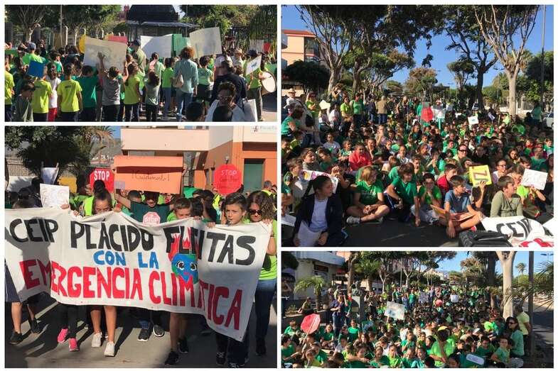 Diferentes momentos de la marcha escolar por el clima en Telde, este viernes (Foto TA)